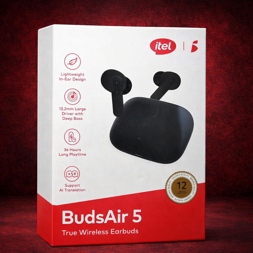 Itel BudsAir 5 True Wireless Earbuds – Bluetooth 5.4, 36 Hours Playtime & Deep Bass Audio (Black)